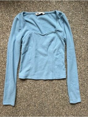 SO Light Blue Ribbed Long-Sleeve Sweetheart Neck Top